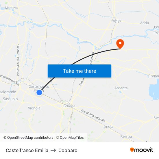 Castelfranco Emilia to Copparo map