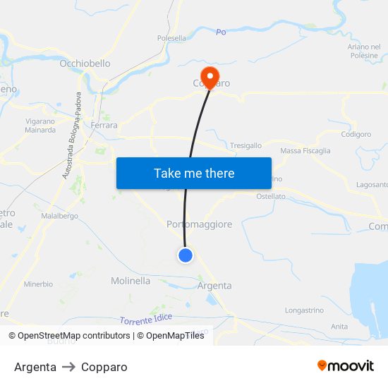 Argenta to Copparo map