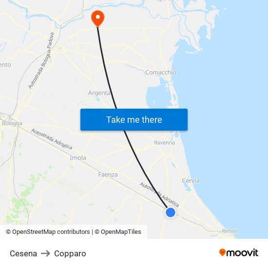 Cesena to Copparo map