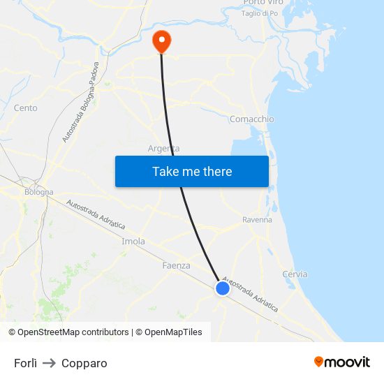 Forlì to Copparo map