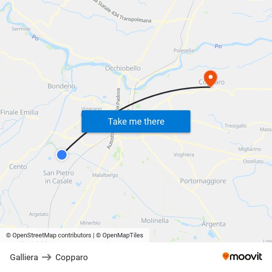Galliera to Copparo map