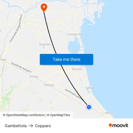 Gambettola to Copparo map