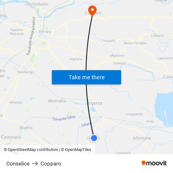 Conselice to Copparo map