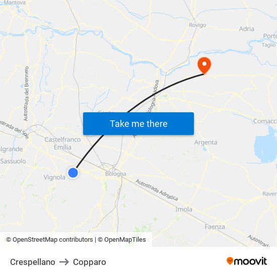 Crespellano to Copparo map