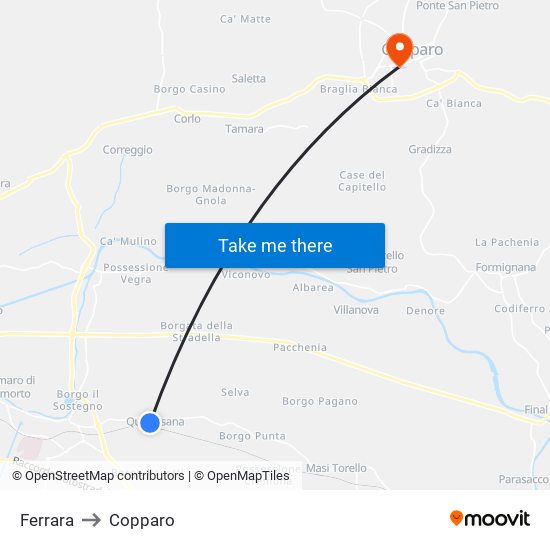Ferrara to Copparo map