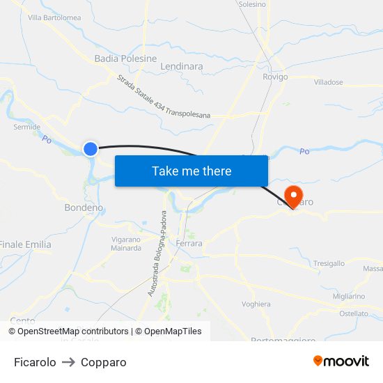Ficarolo to Copparo map