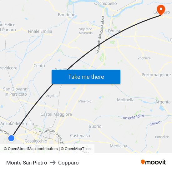 Monte San Pietro to Copparo map