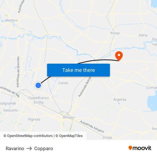 Ravarino to Copparo map