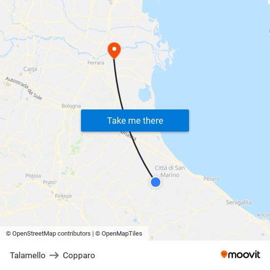 Talamello to Copparo map