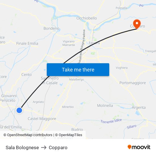 Sala Bolognese to Copparo map