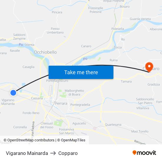 Vigarano Mainarda to Copparo map