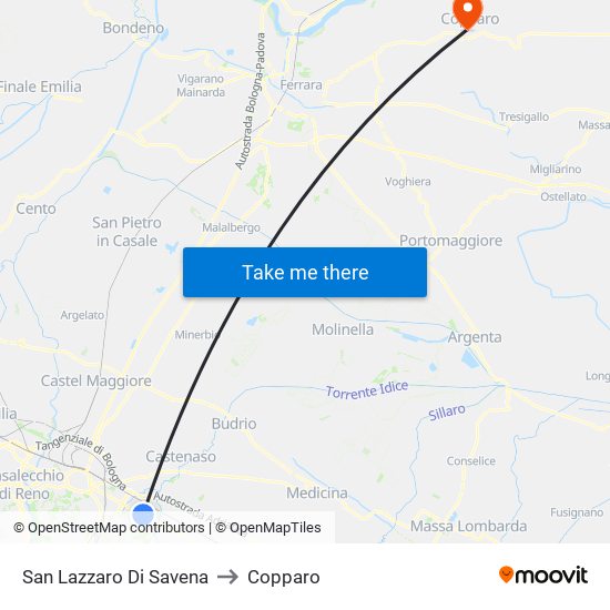 San Lazzaro Di Savena to Copparo map
