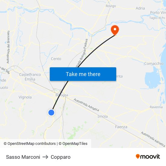 Sasso Marconi to Copparo map