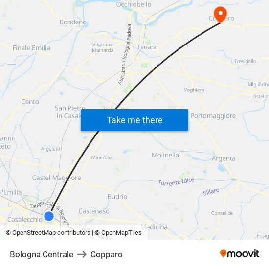 Bologna Centrale to Copparo map