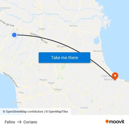 Felino to Coriano map