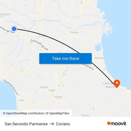 San Secondo Parmense to Coriano map