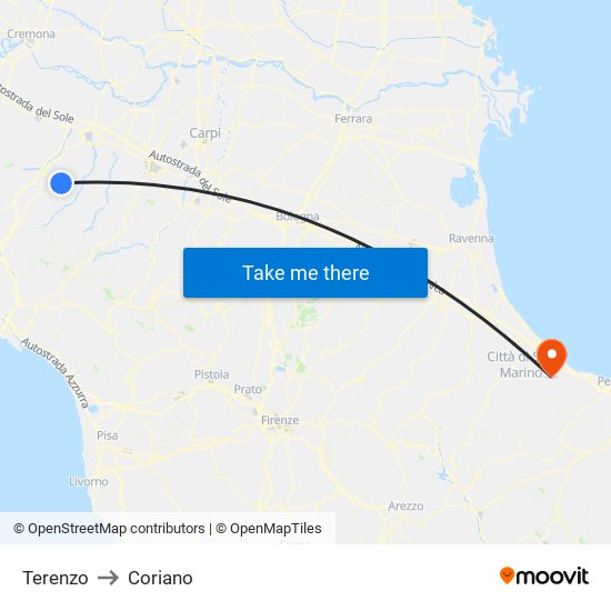 Terenzo to Coriano map