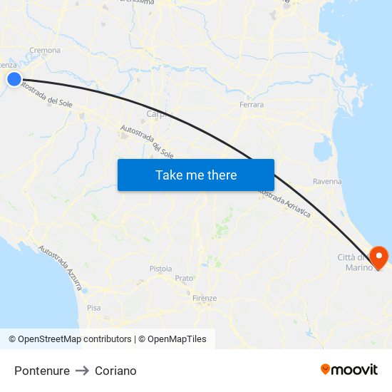 Pontenure to Coriano map