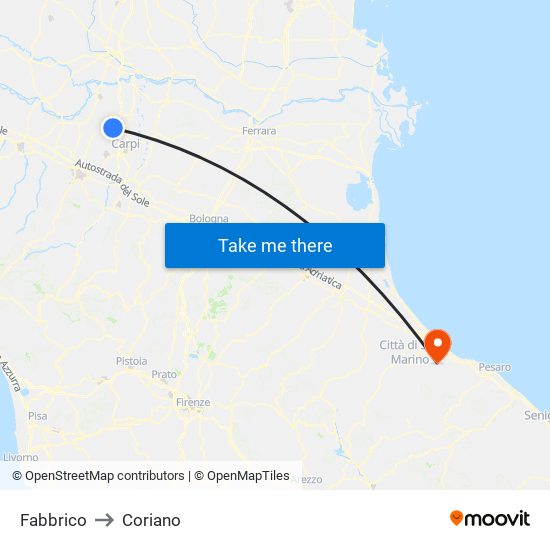Fabbrico to Coriano map