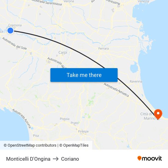 Monticelli D'Ongina to Coriano map