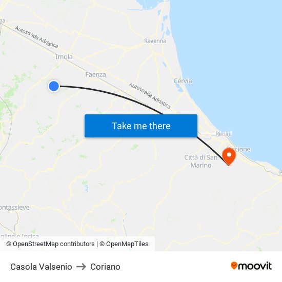 Casola Valsenio to Coriano map