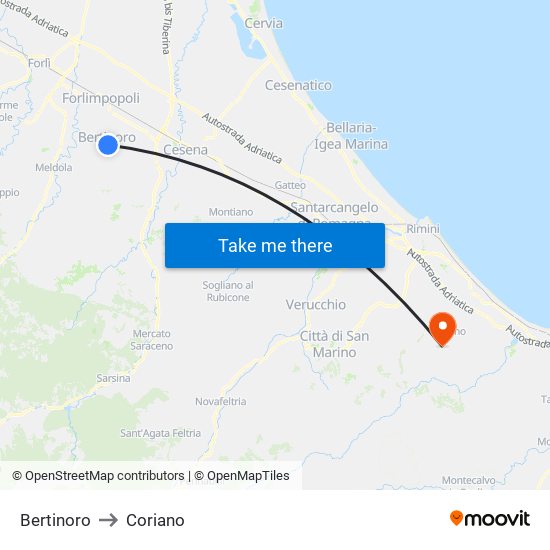 Bertinoro to Coriano map