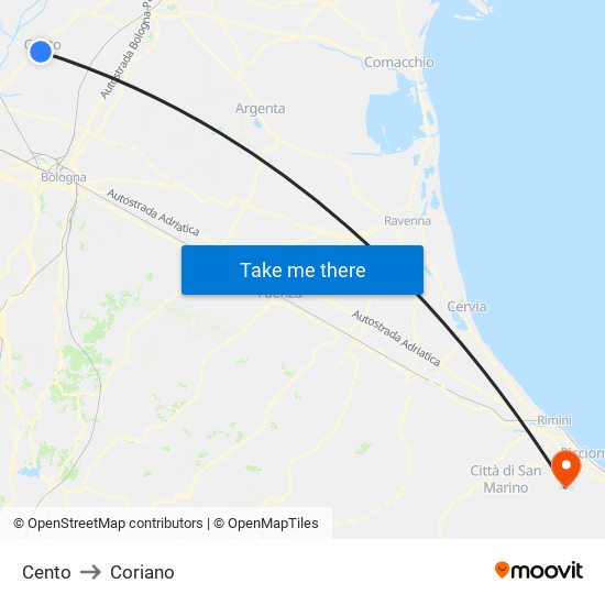 Cento to Coriano map