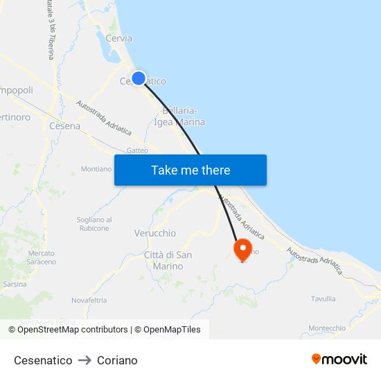 Cesenatico to Coriano map