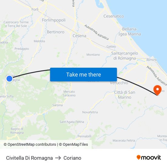Civitella Di Romagna to Coriano map