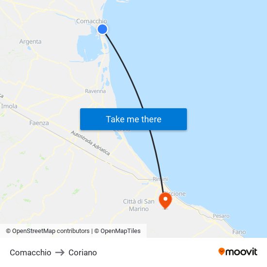 Comacchio to Coriano map