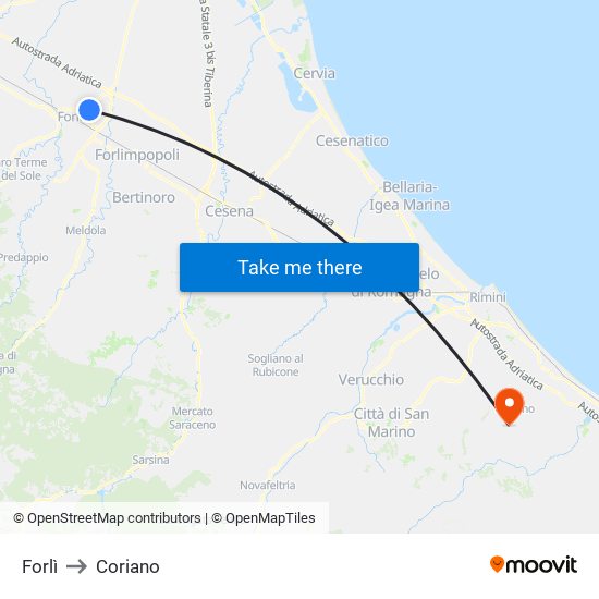 Forlì to Coriano map
