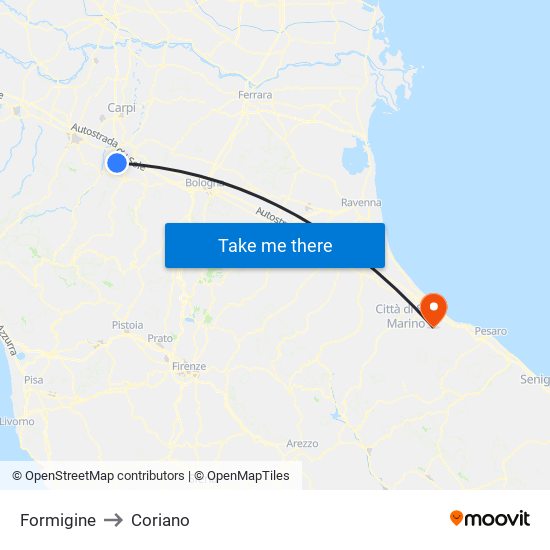Formigine to Coriano map