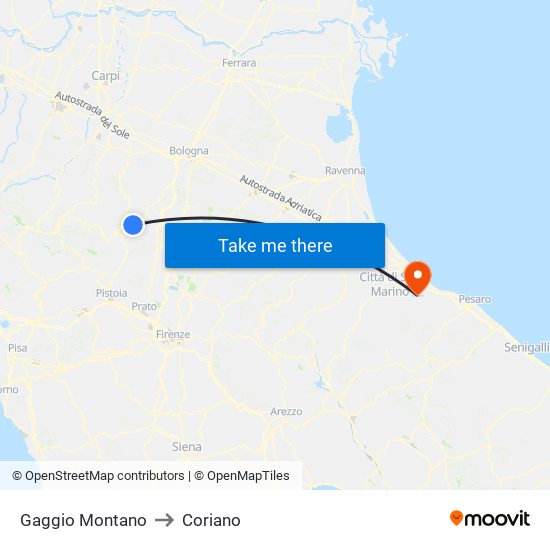 Gaggio Montano to Coriano map