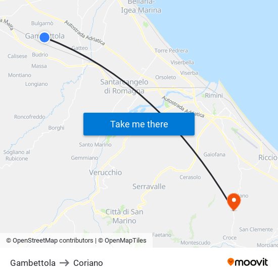 Gambettola to Coriano map