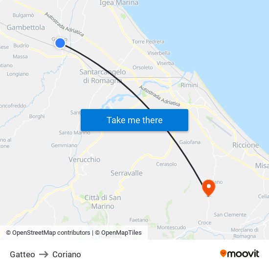 Gatteo to Coriano map