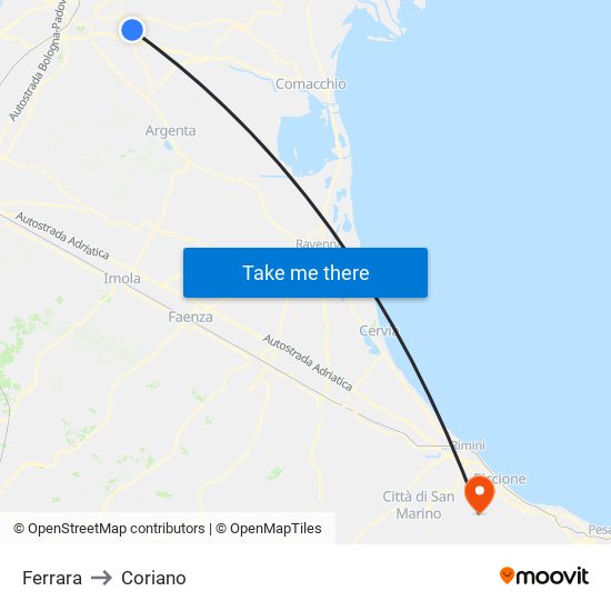 Ferrara to Coriano map