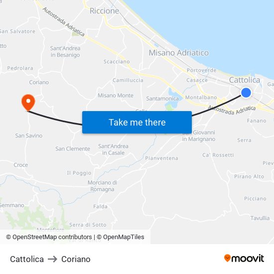 Cattolica to Coriano map