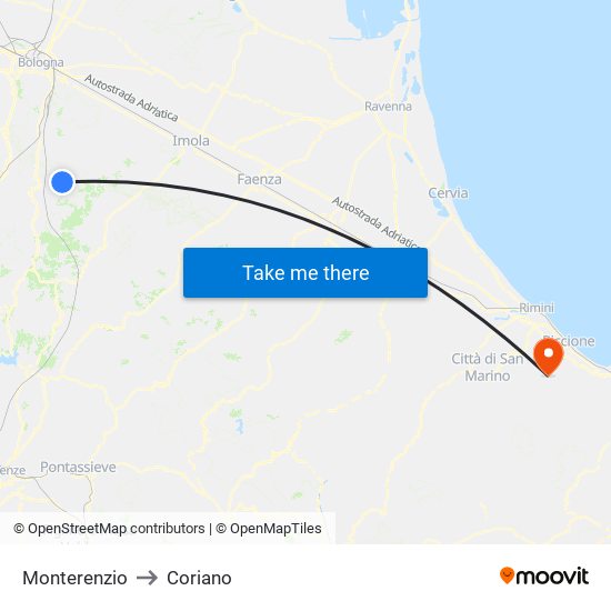 Monterenzio to Coriano map