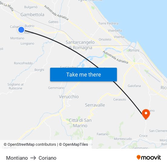 Montiano to Coriano map