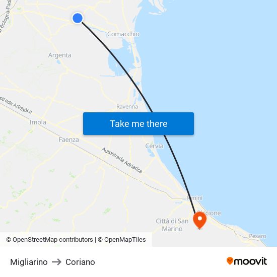 Migliarino to Coriano map