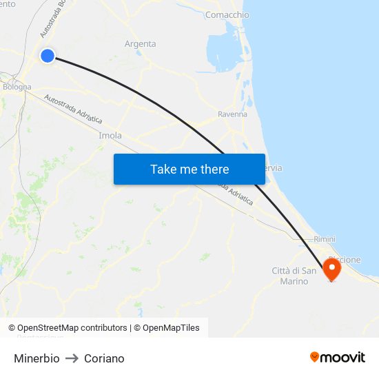 Minerbio to Coriano map