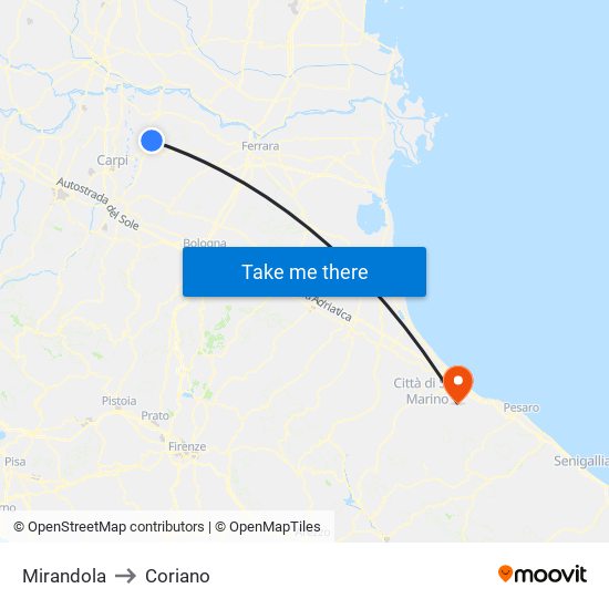 Mirandola to Coriano map