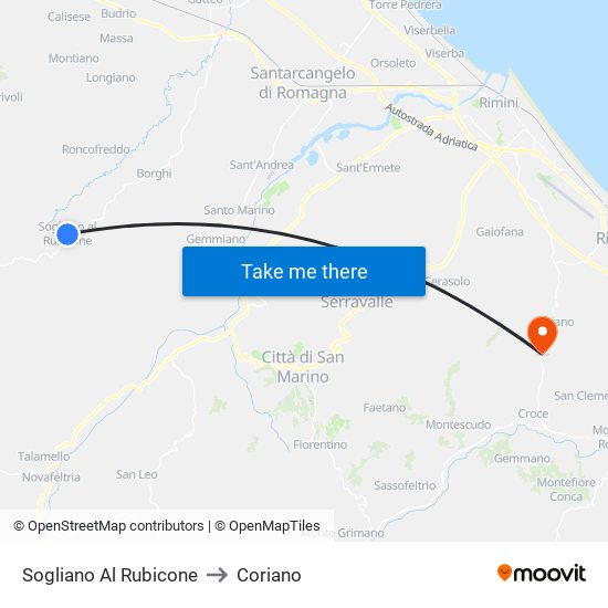 Sogliano Al Rubicone to Coriano map