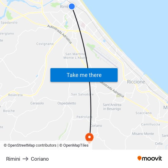 Rimini to Coriano map
