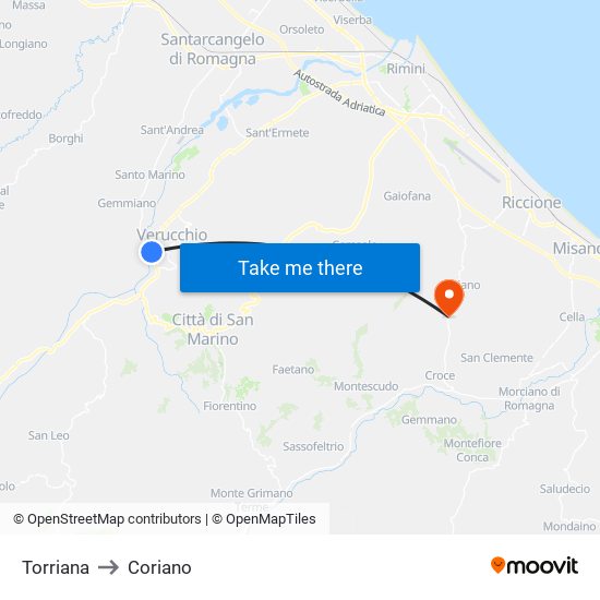 Torriana to Coriano map