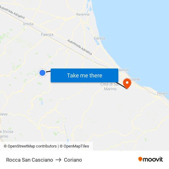 Rocca San Casciano to Coriano map