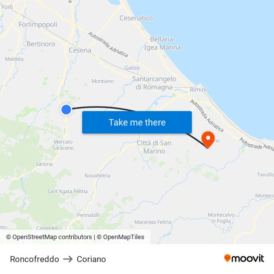 Roncofreddo to Coriano map