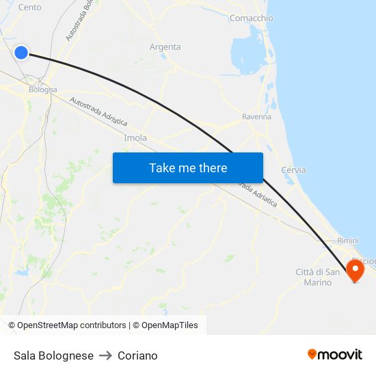 Sala Bolognese to Coriano map