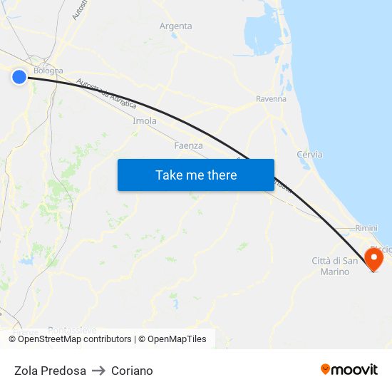 Zola Predosa to Coriano map