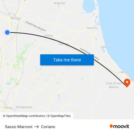 Sasso Marconi to Coriano map